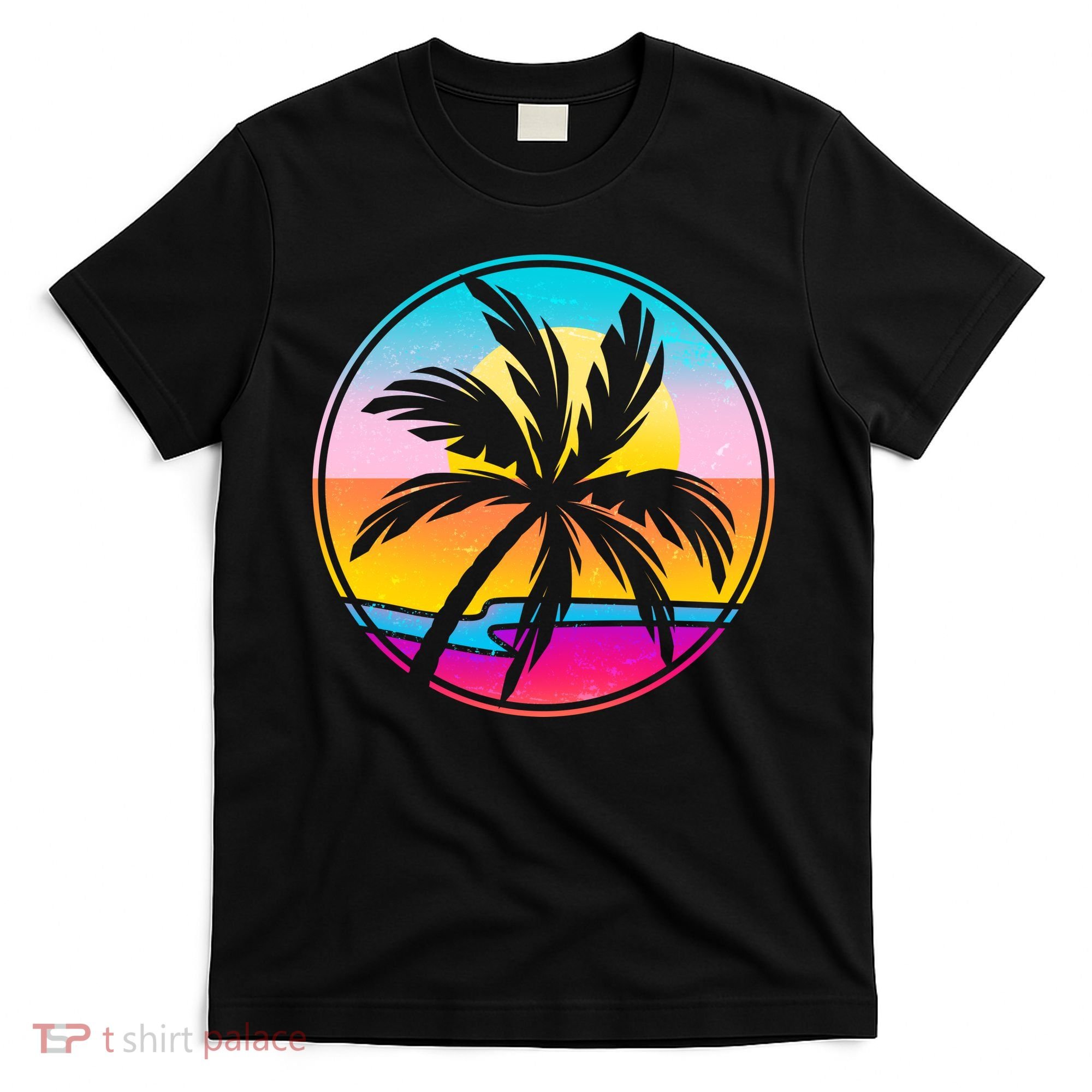 Retro Ocean Sun Palm Tree Emblem T-Shirt