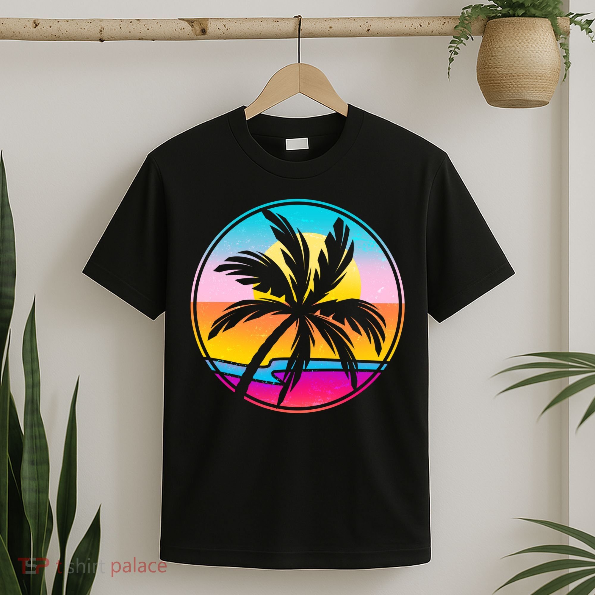 Retro Ocean Sun Palm Tree Emblem T-Shirt