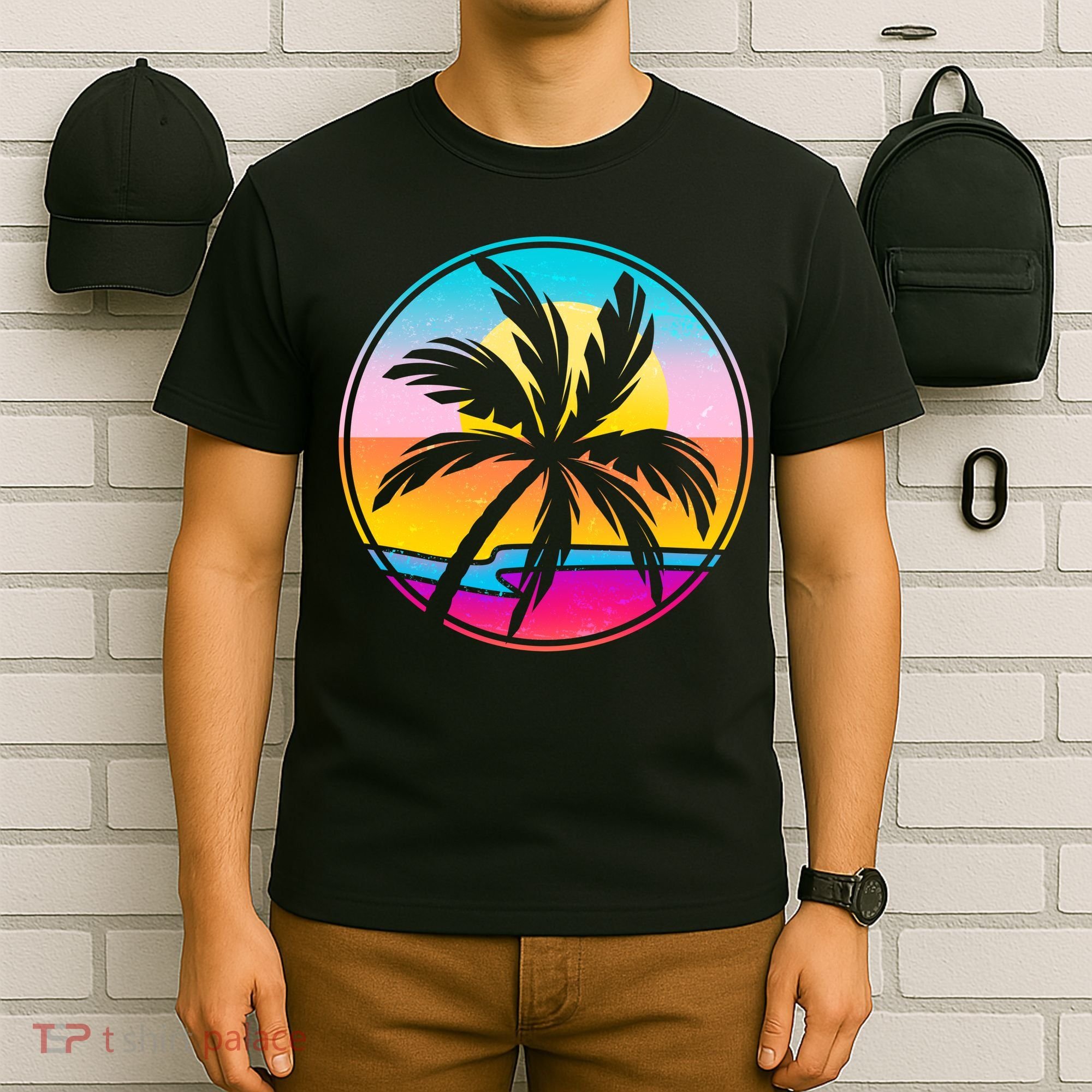 Retro Ocean Sun Palm Tree Emblem T-Shirt