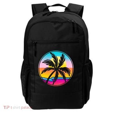 Retro Ocean Sun Palm Tree Emblem Backpack