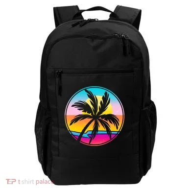 Retro Ocean Sun Palm Tree Emblem Backpack