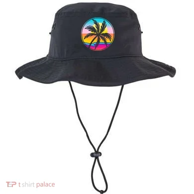 Retro Ocean Sun Palm Tree Emblem Bucket Hat