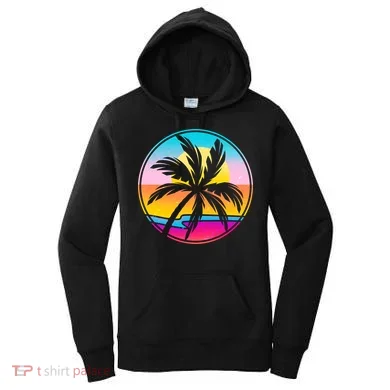 Retro Ocean Sun Palm Tree Emblem Women's Hoodie