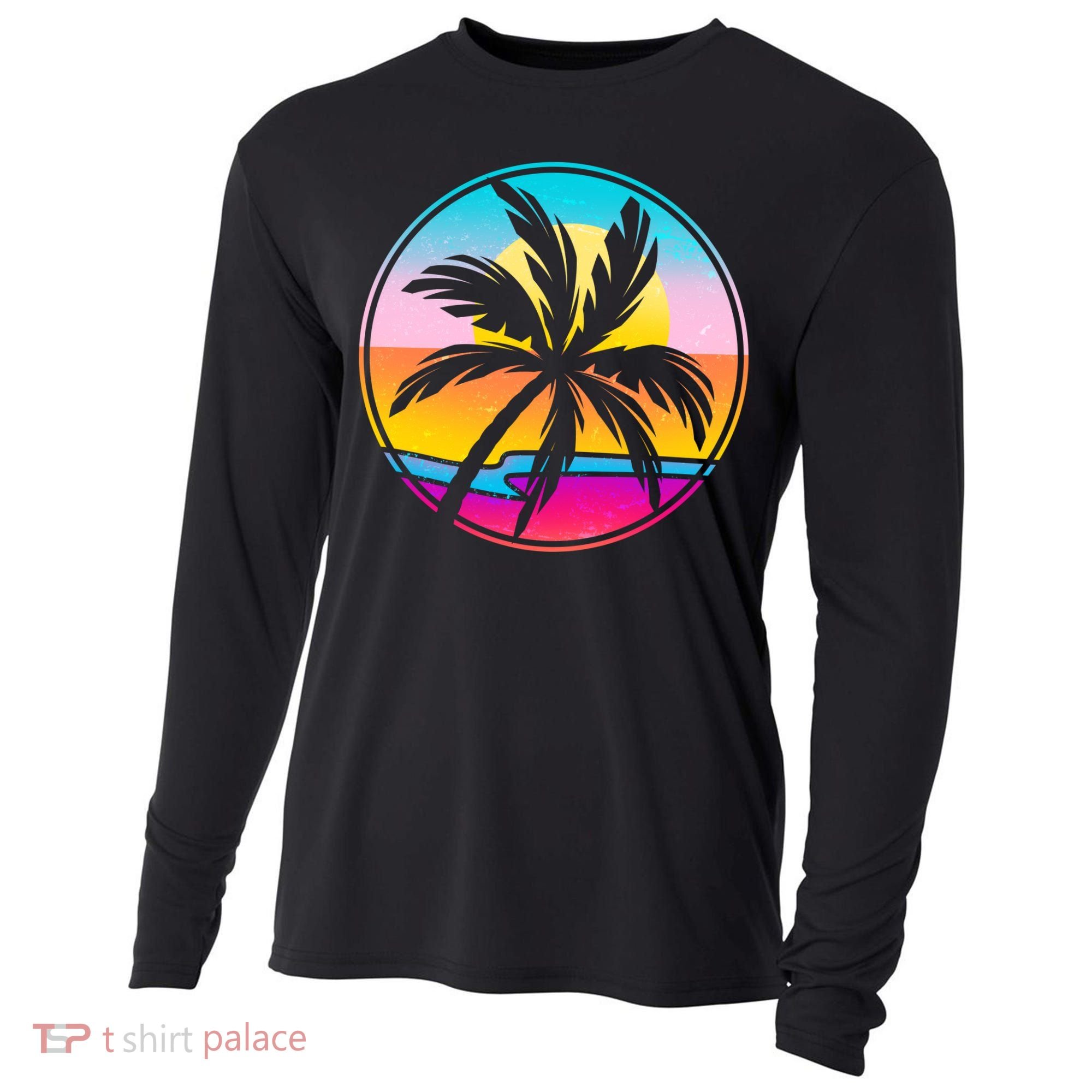 Retro Ocean Sun Palm Tree Emblem Cooling Performance Long Sleeve Crew