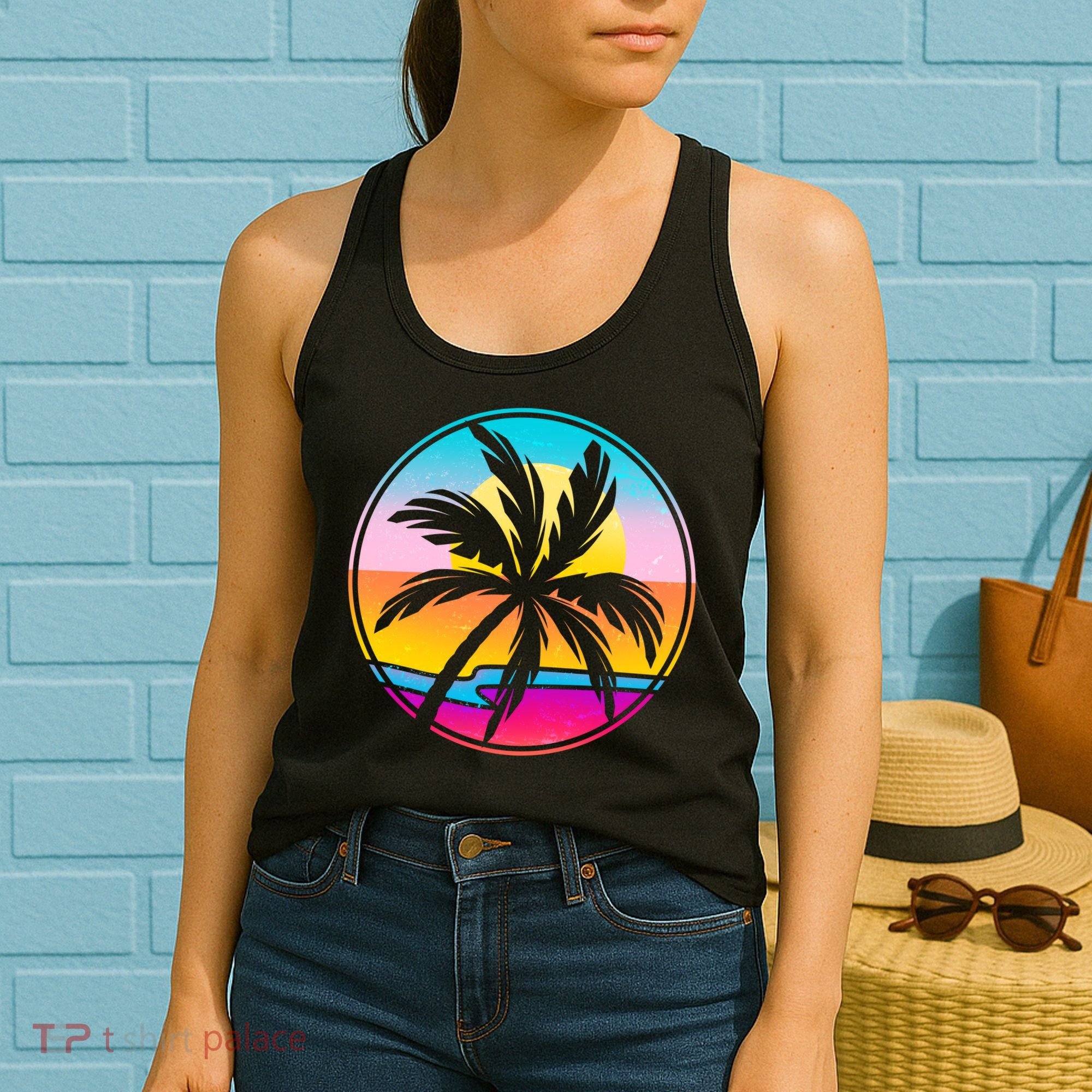Retro Ocean Sun Palm Tree Emblem Women's Tank Top