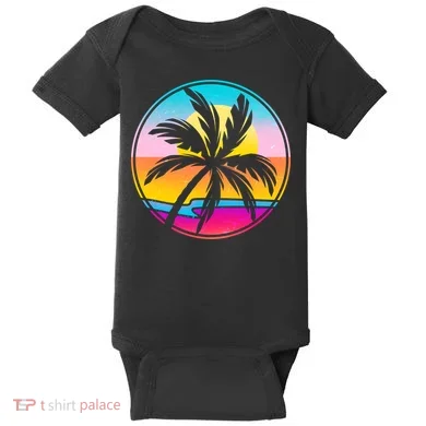 Retro Ocean Sun Palm Tree Emblem Baby Bodysuit