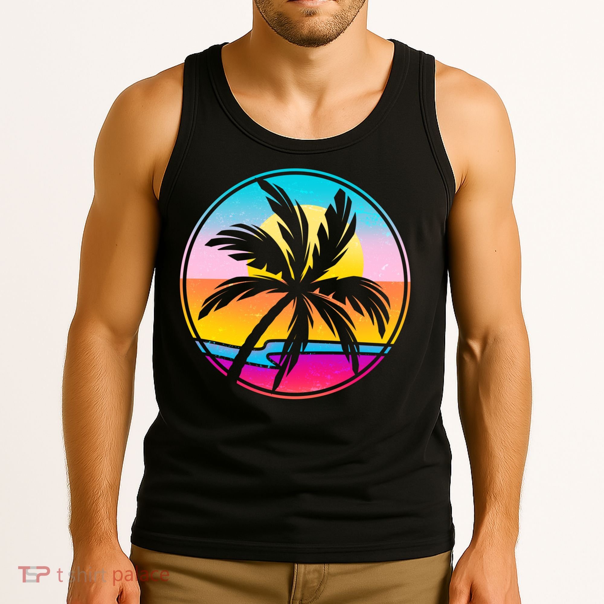 Retro Ocean Sun Palm Tree Emblem Tank Top
