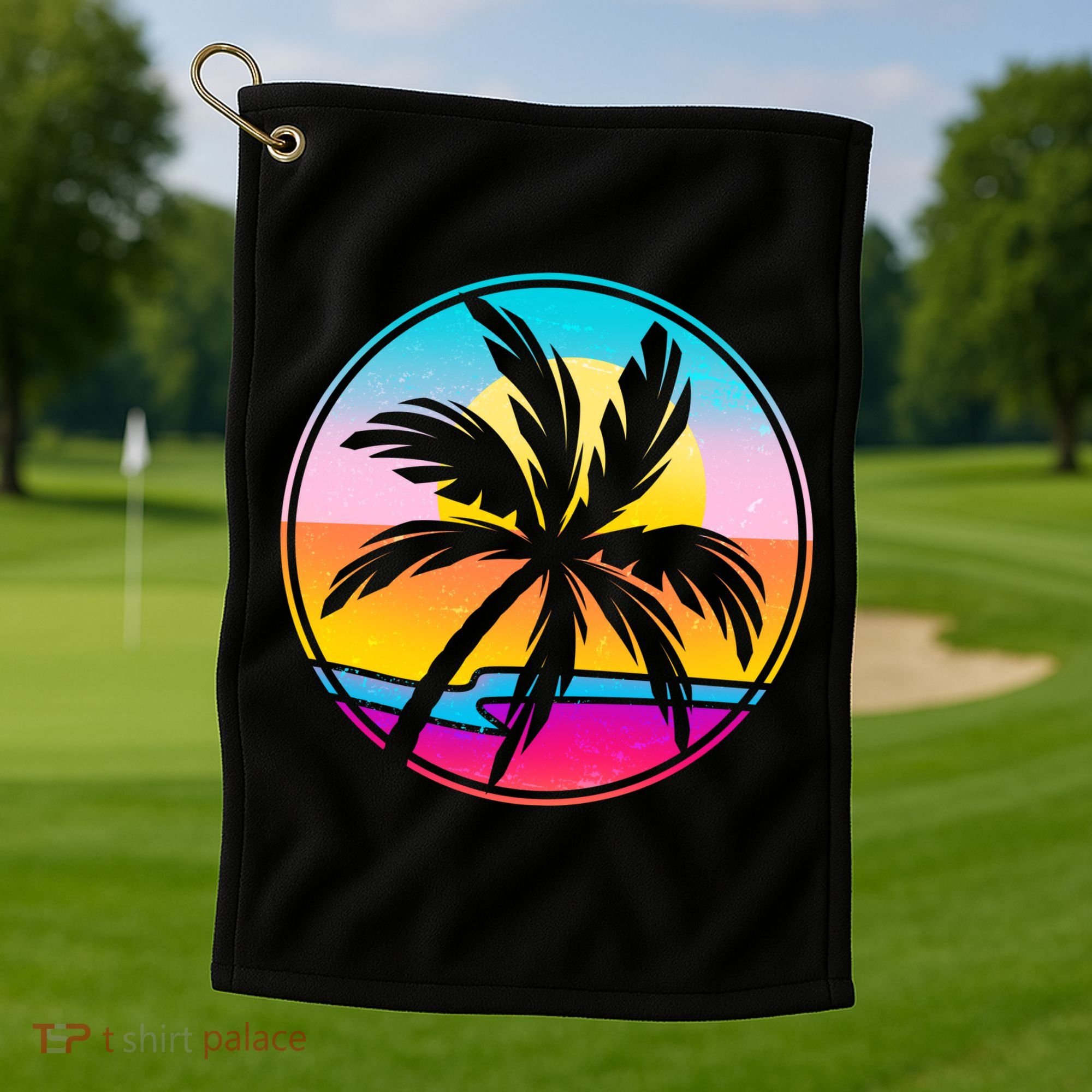 Retro Ocean Sun Palm Tree Emblem Golf Towel