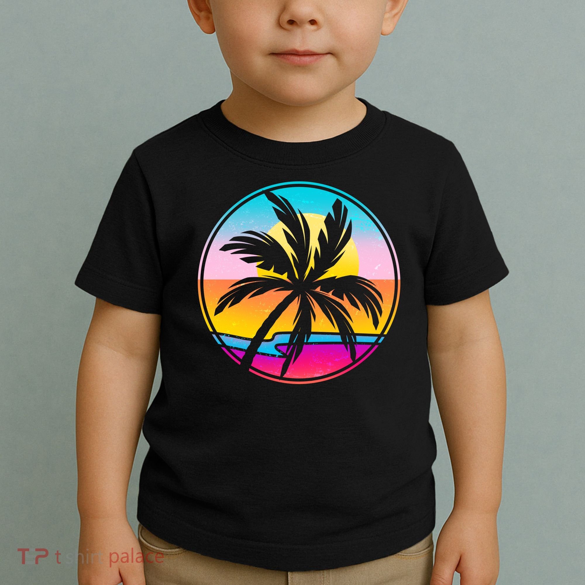 Retro Ocean Sun Palm Tree Emblem Toddler T-Shirt