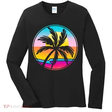 Retro Ocean Sun Palm Tree Emblem Women's Long Sleeve Shirt