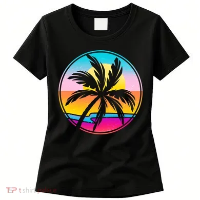 Retro Ocean Sun Palm Tree Emblem Women's T-Shirt