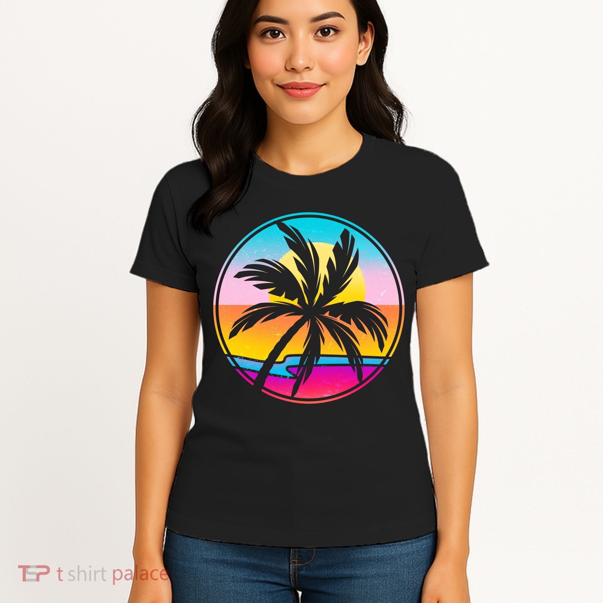 Retro Ocean Sun Palm Tree Emblem Women's T-Shirt