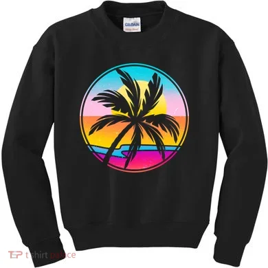 Retro Ocean Sun Palm Tree Emblem Kids Sweatshirt