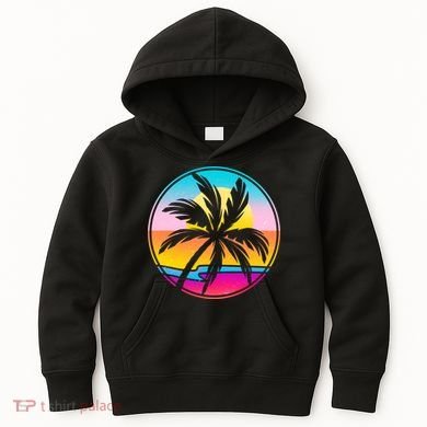 Retro Ocean Sun Palm Tree Emblem Kids Hoodie