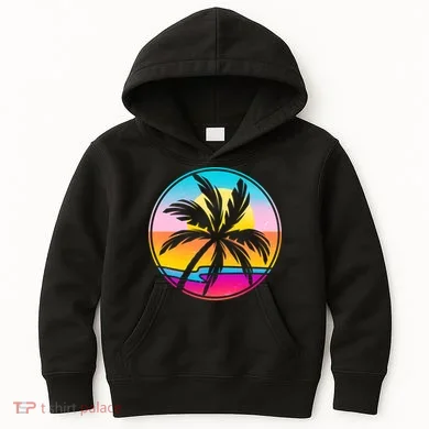 Retro Ocean Sun Palm Tree Emblem Kids Hoodie