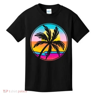 Retro Ocean Sun Palm Tree Emblem Kids T-Shirt