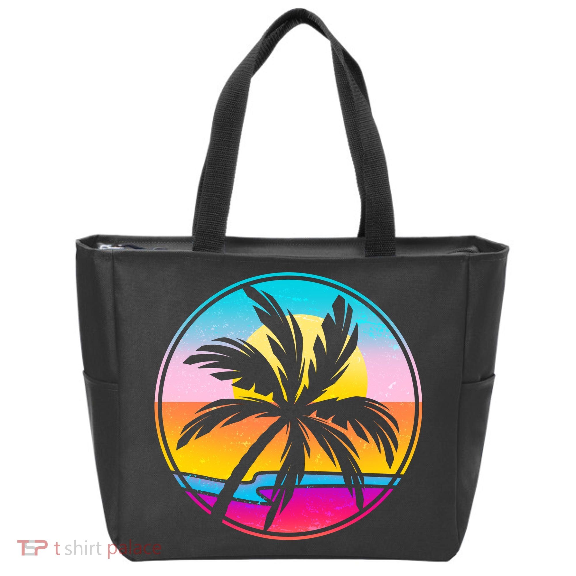 Retro Ocean Sun Palm Tree Emblem Tote Bag