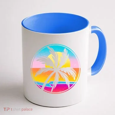 Retro Ocean Sun Palm Tree Emblem Coffee Mug back