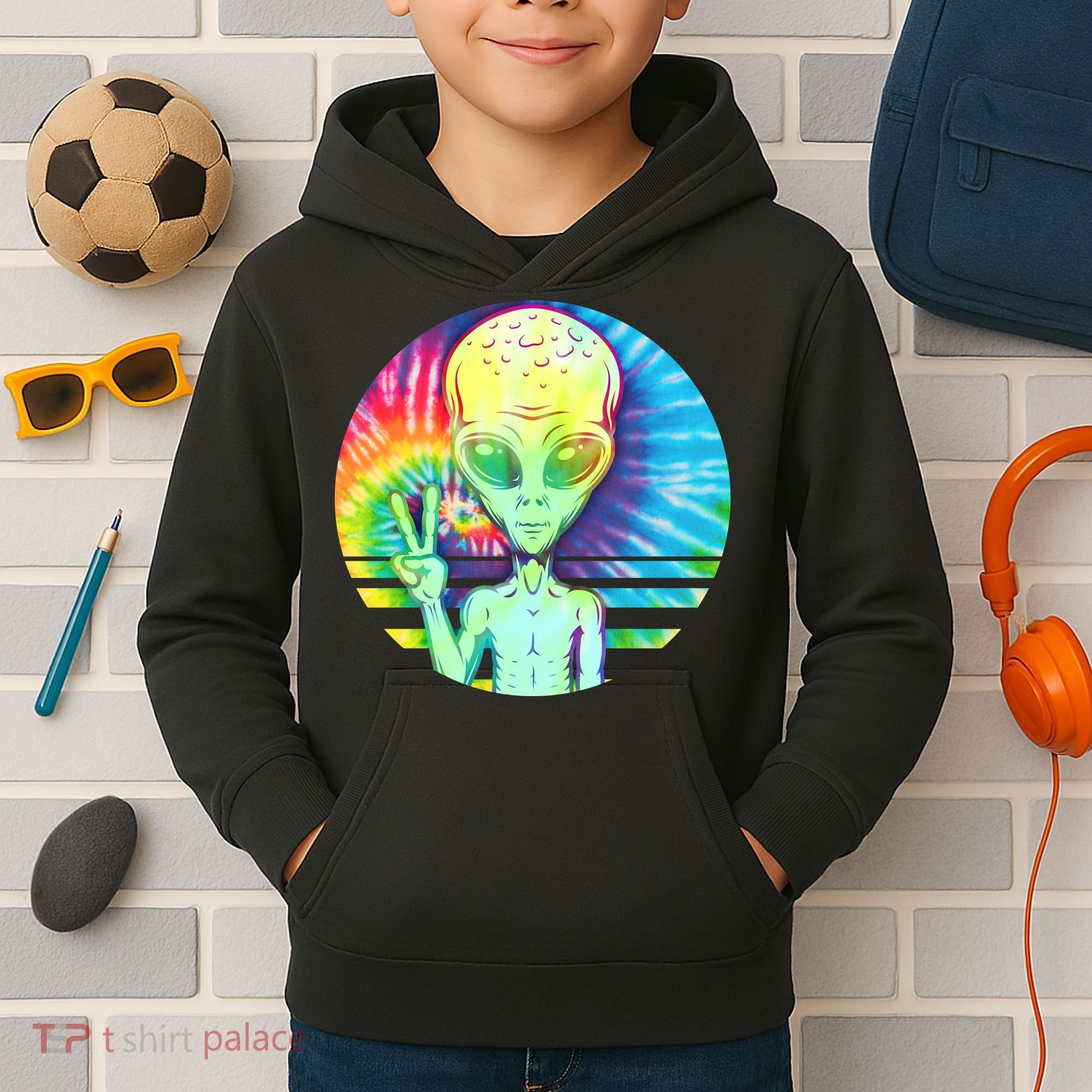 Retro Peace Alien Hippie Kids Hoodie