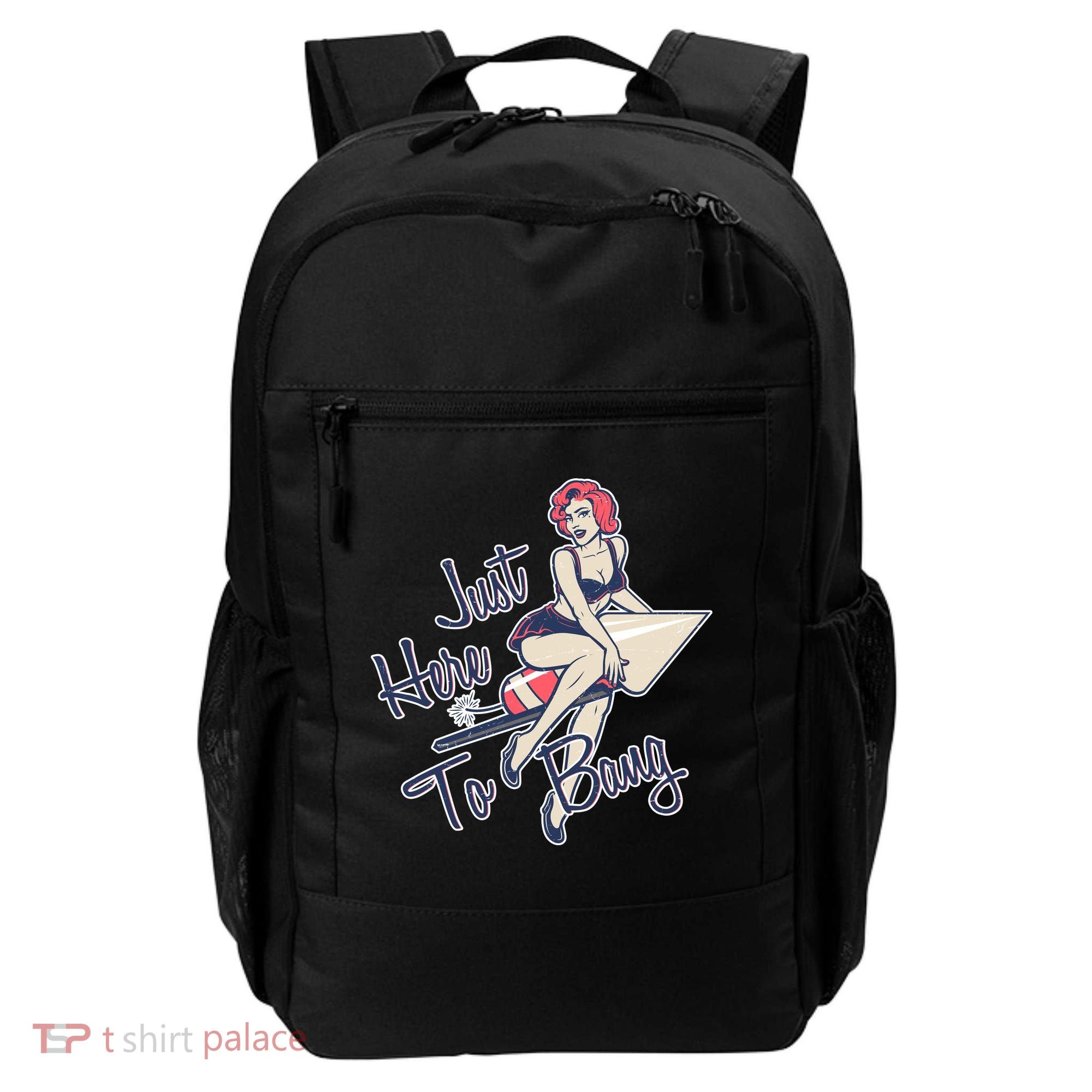 Retro Pin Up Just Here To Bang Backpack