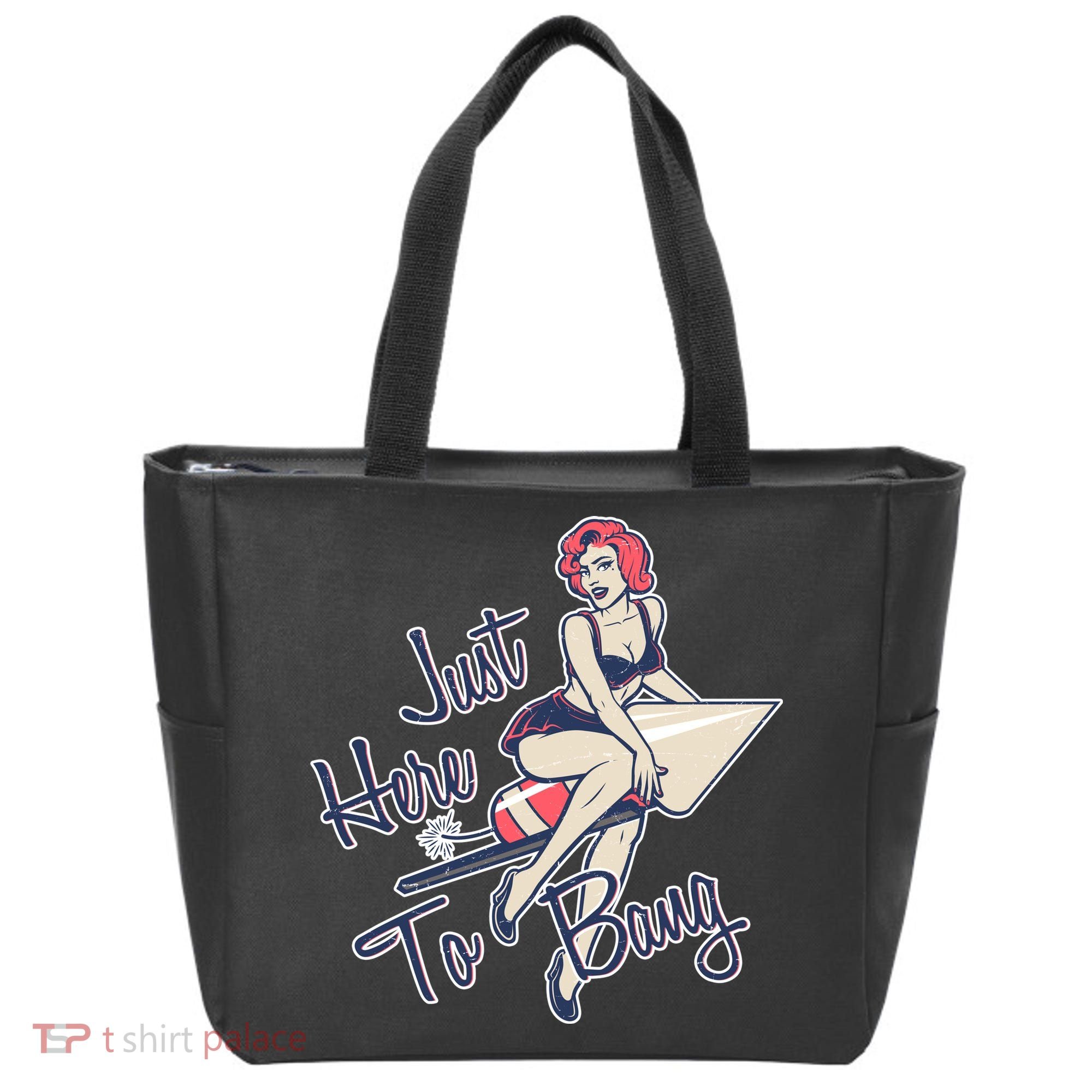 Retro Pin Up Just Here To Bang Tote Bag