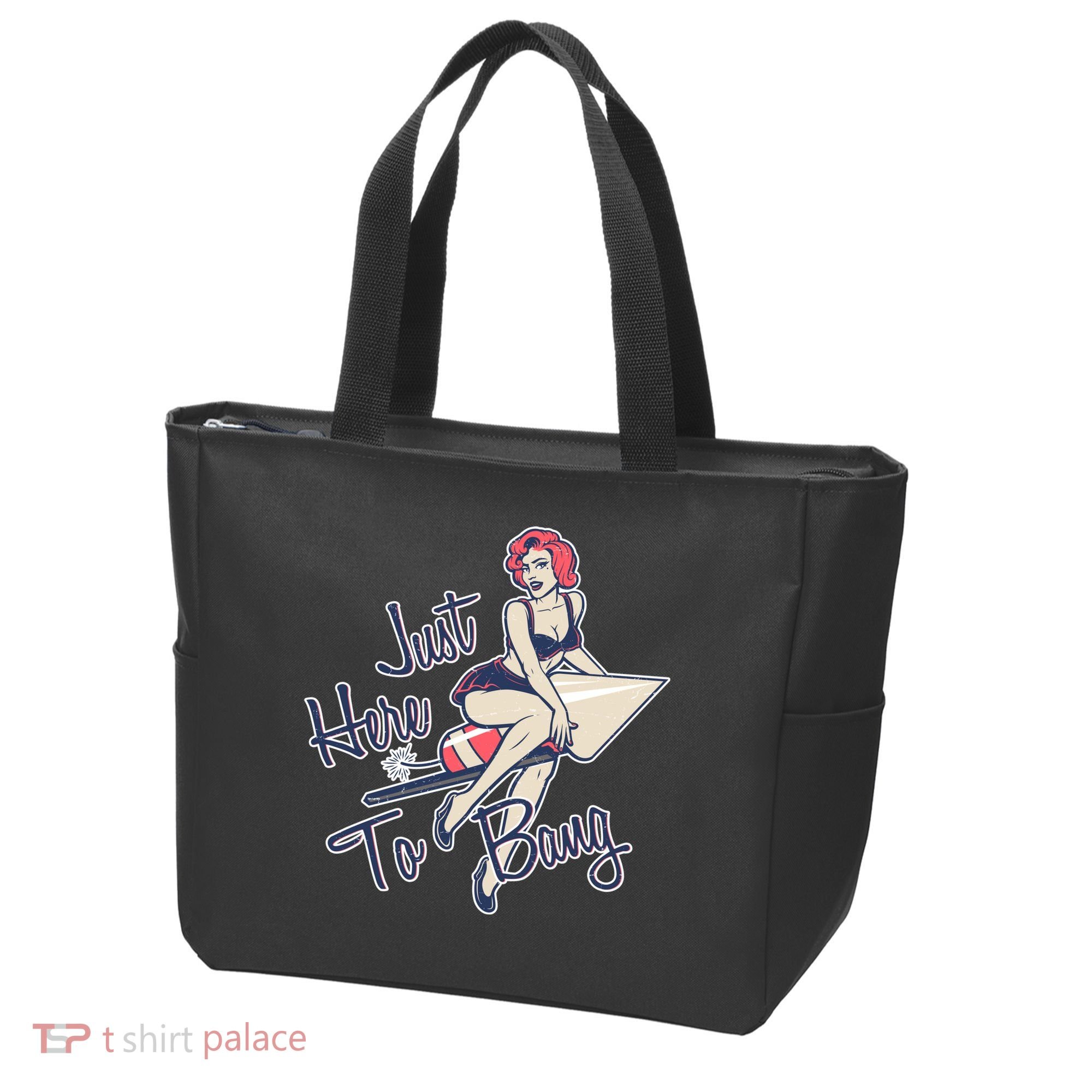 Retro Pin Up Just Here To Bang Tote Bag