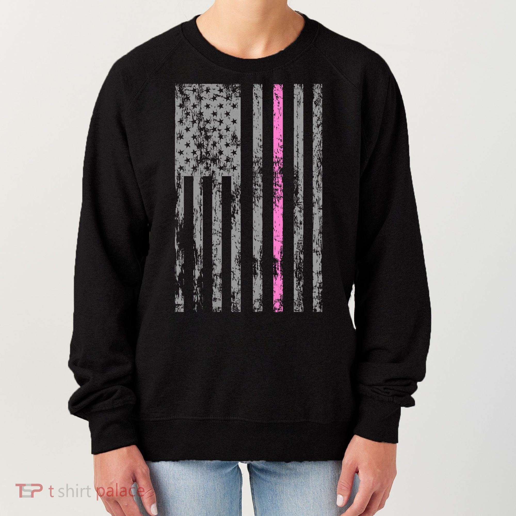 Retro Pink Thin Line Breast Cancer Awareness USA Flag Women's Sweatshirt