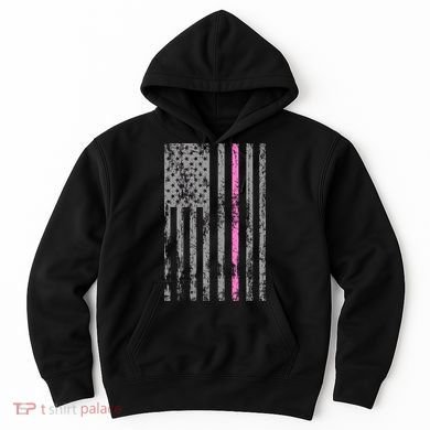Retro Pink Thin Line Breast Cancer Awareness USA Flag Hoodie