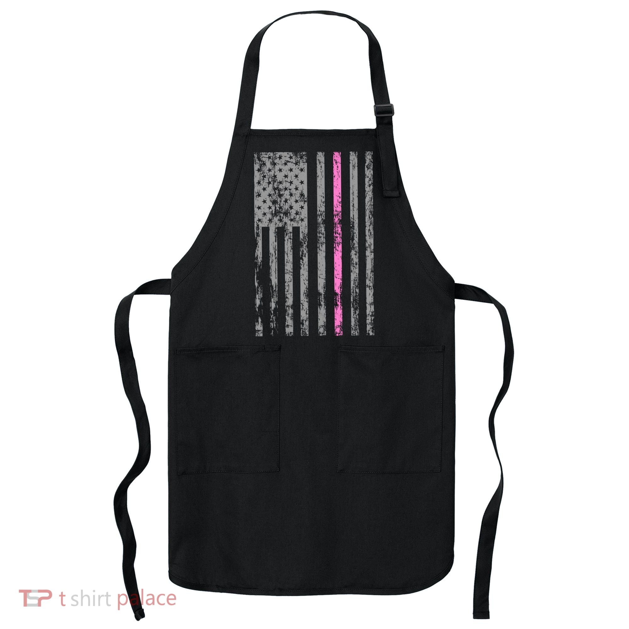 Retro Pink Thin Line Breast Cancer Awareness USA Flag Apron
