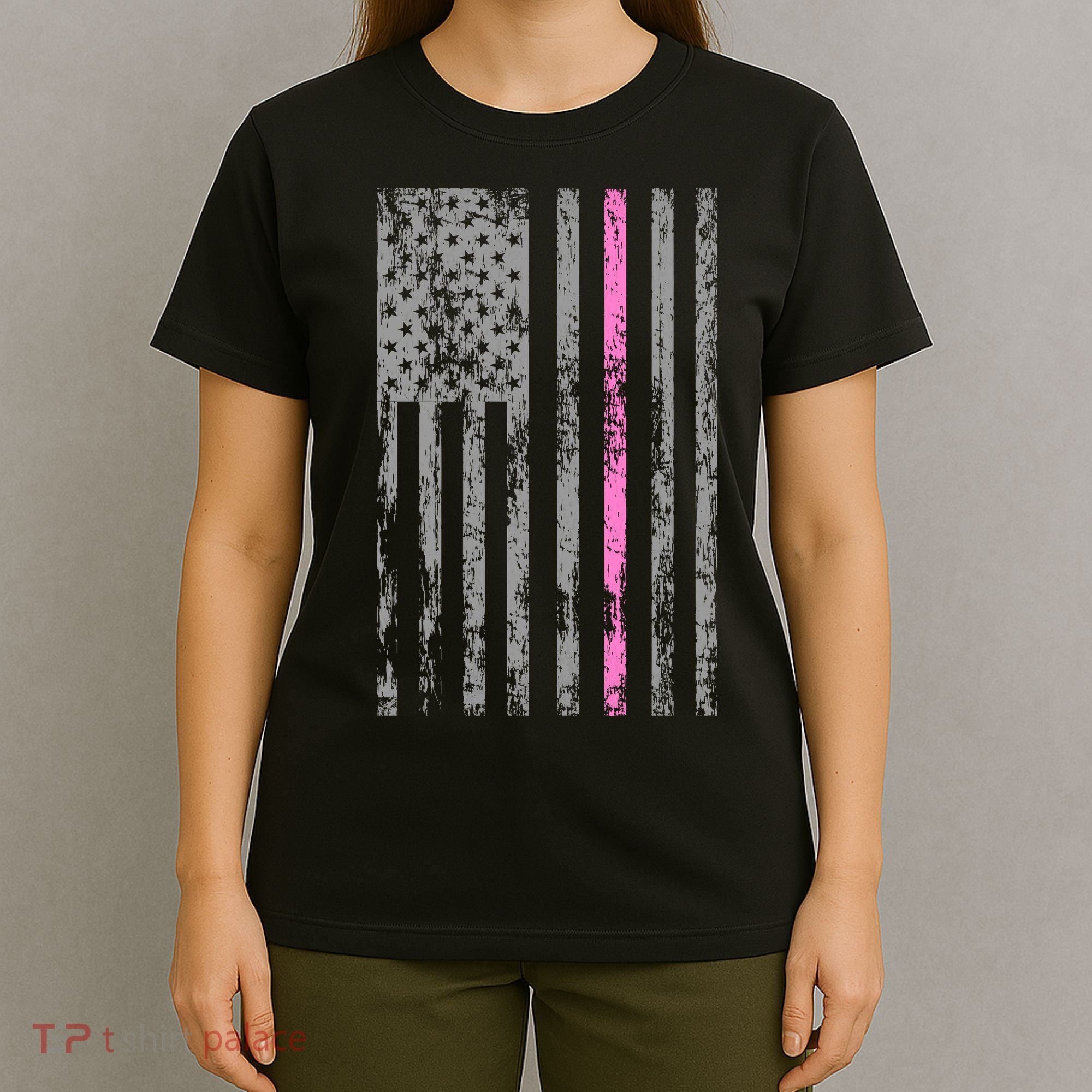 Retro Pink Thin Line Breast Cancer Awareness USA Flag T-Shirt