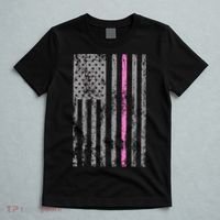 Retro Pink Thin Line Breast Cancer Awareness USA Flag T-Shirt thumb 5
