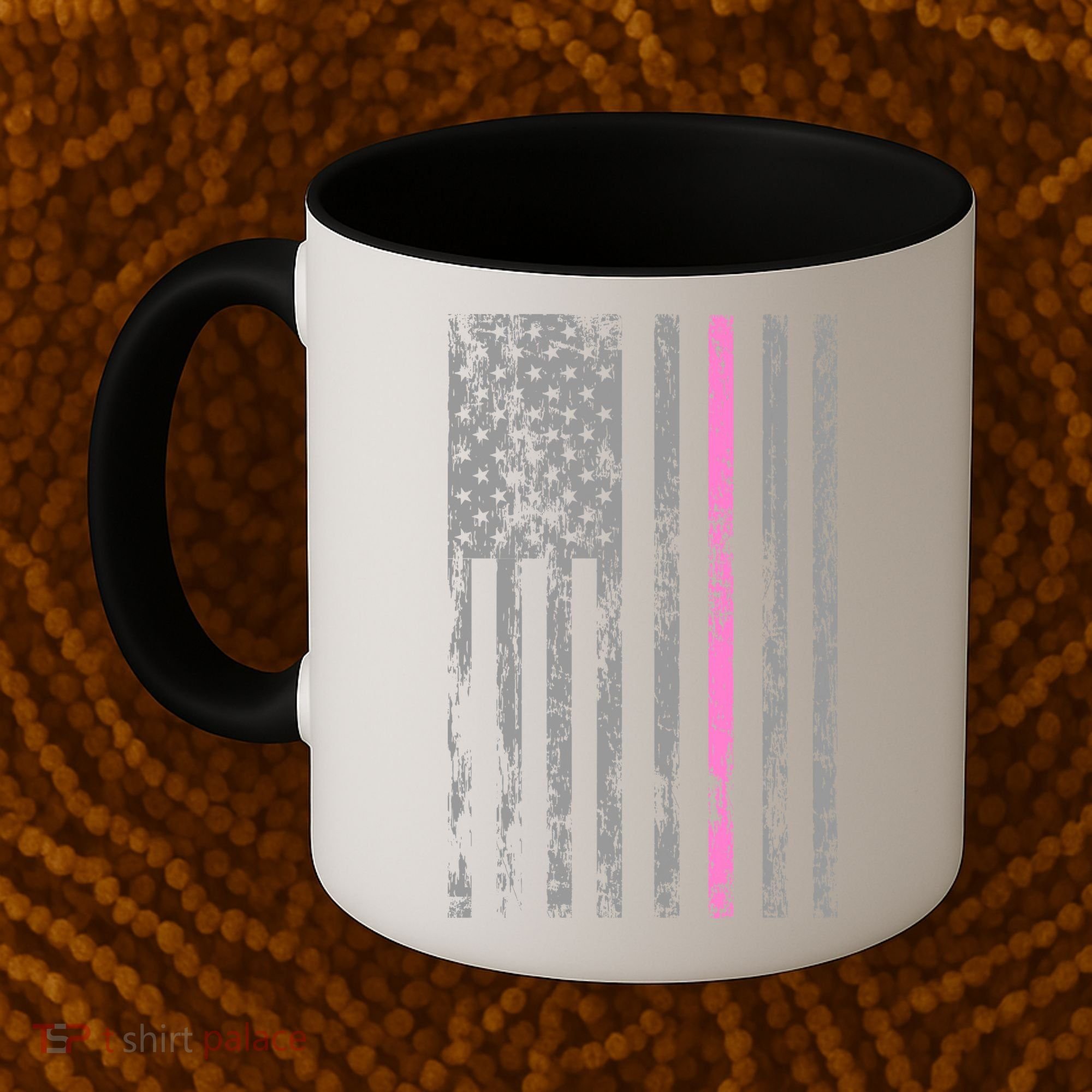 Retro Pink Thin Line Breast Cancer Awareness USA Flag Coffee Mug