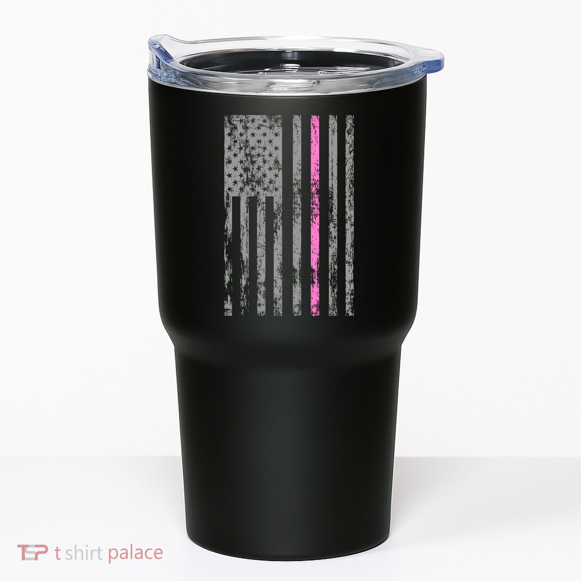 Retro Pink Thin Line Breast Cancer Awareness USA Flag Tumbler