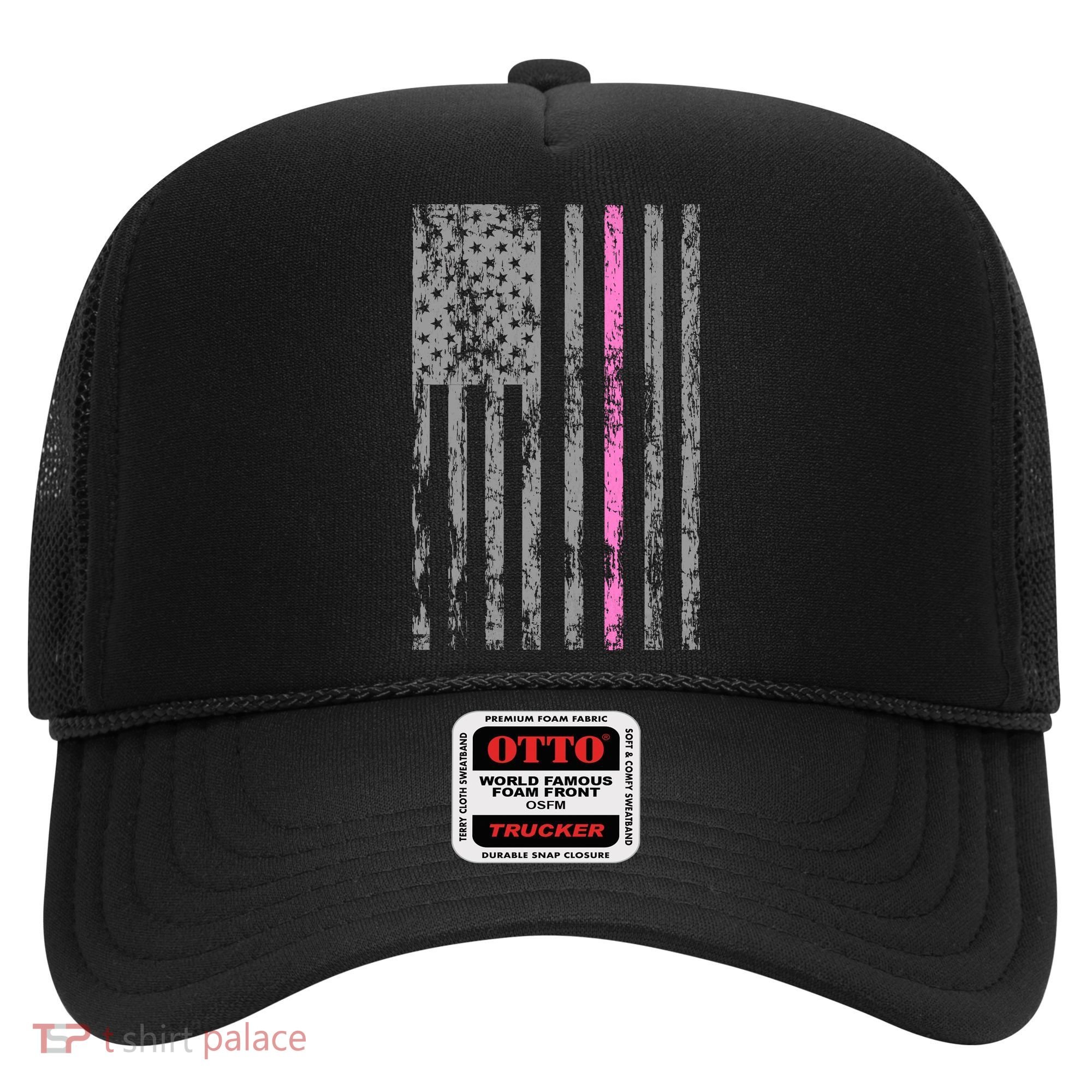 Retro Pink Thin Line Breast Cancer Awareness USA Flag Hat
