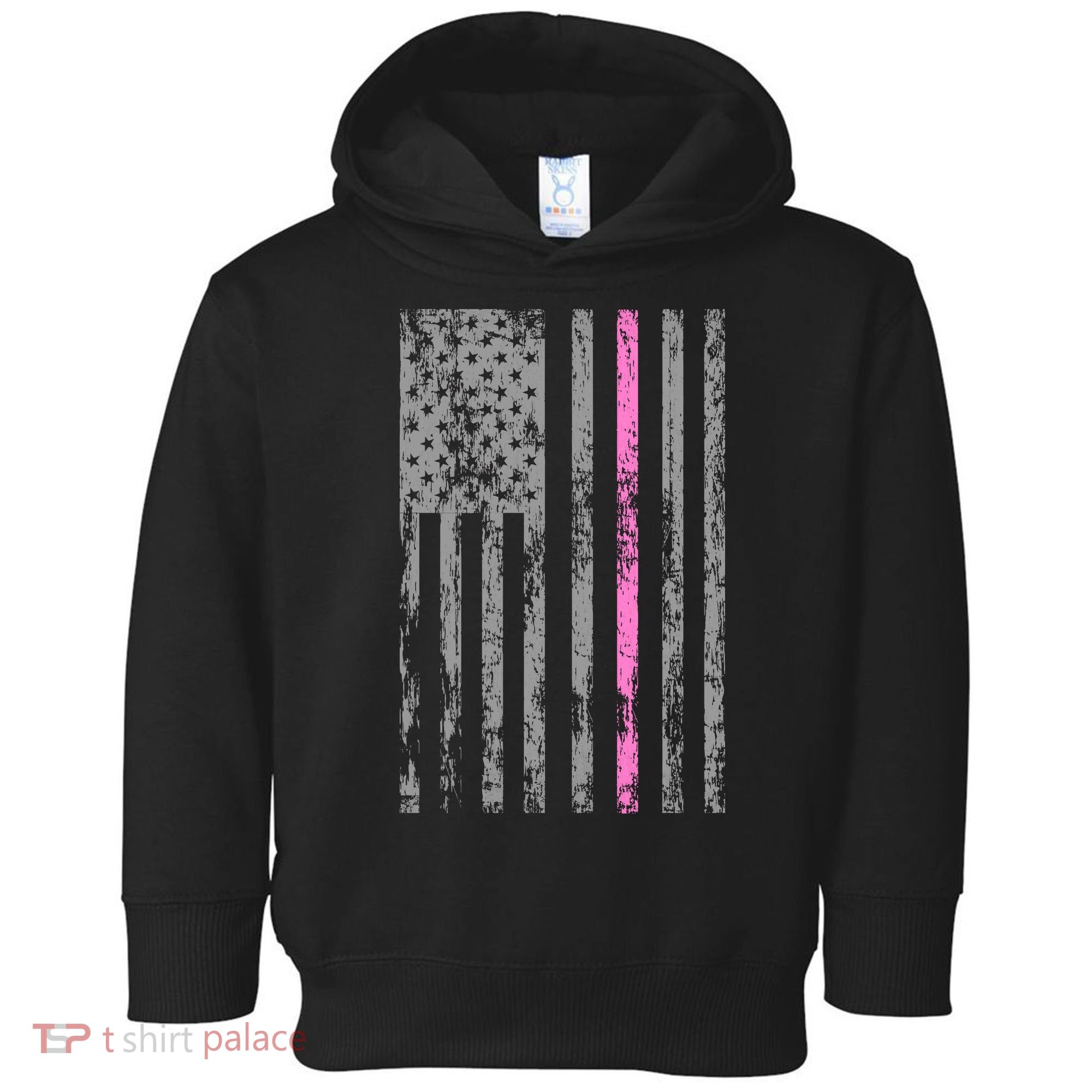 Retro Pink Thin Line Breast Cancer Awareness USA Flag Toddler Hoodie
