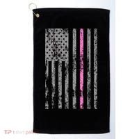 Retro Pink Thin Line Breast Cancer Awareness USA Flag Golf Towel thumb 0