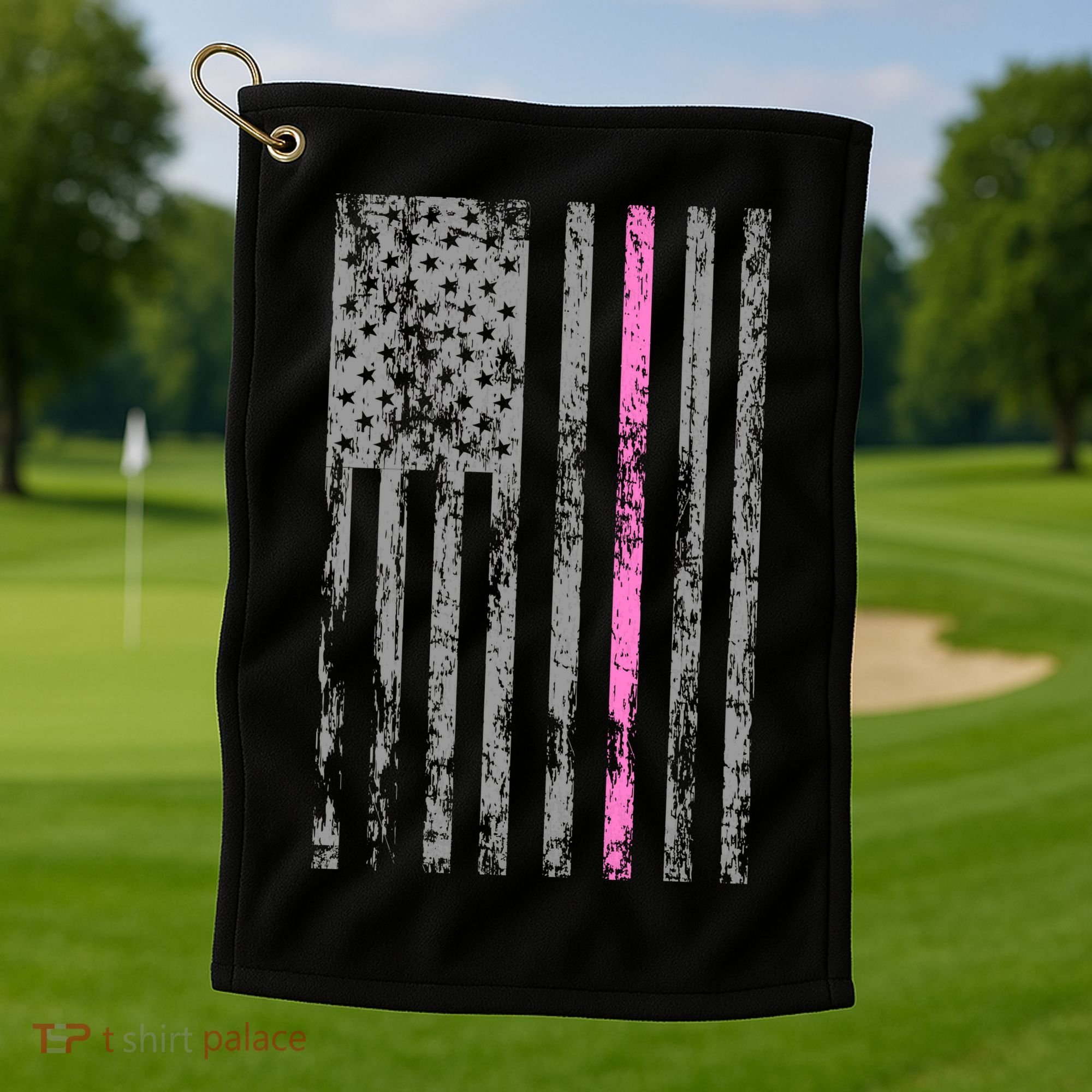 Retro Pink Thin Line Breast Cancer Awareness USA Flag Golf Towel