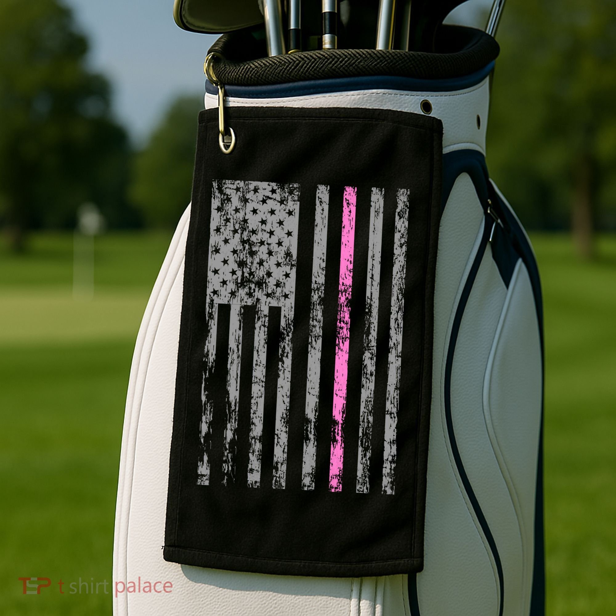 Retro Pink Thin Line Breast Cancer Awareness USA Flag Golf Towel