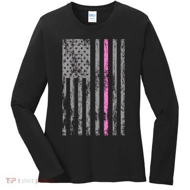 Retro Pink Thin Line Breast Cancer Awareness USA Flag Women's Long Sleeve Shirt