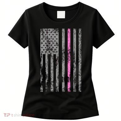 Retro Pink Thin Line Breast Cancer Awareness USA Flag Women's T-Shirt