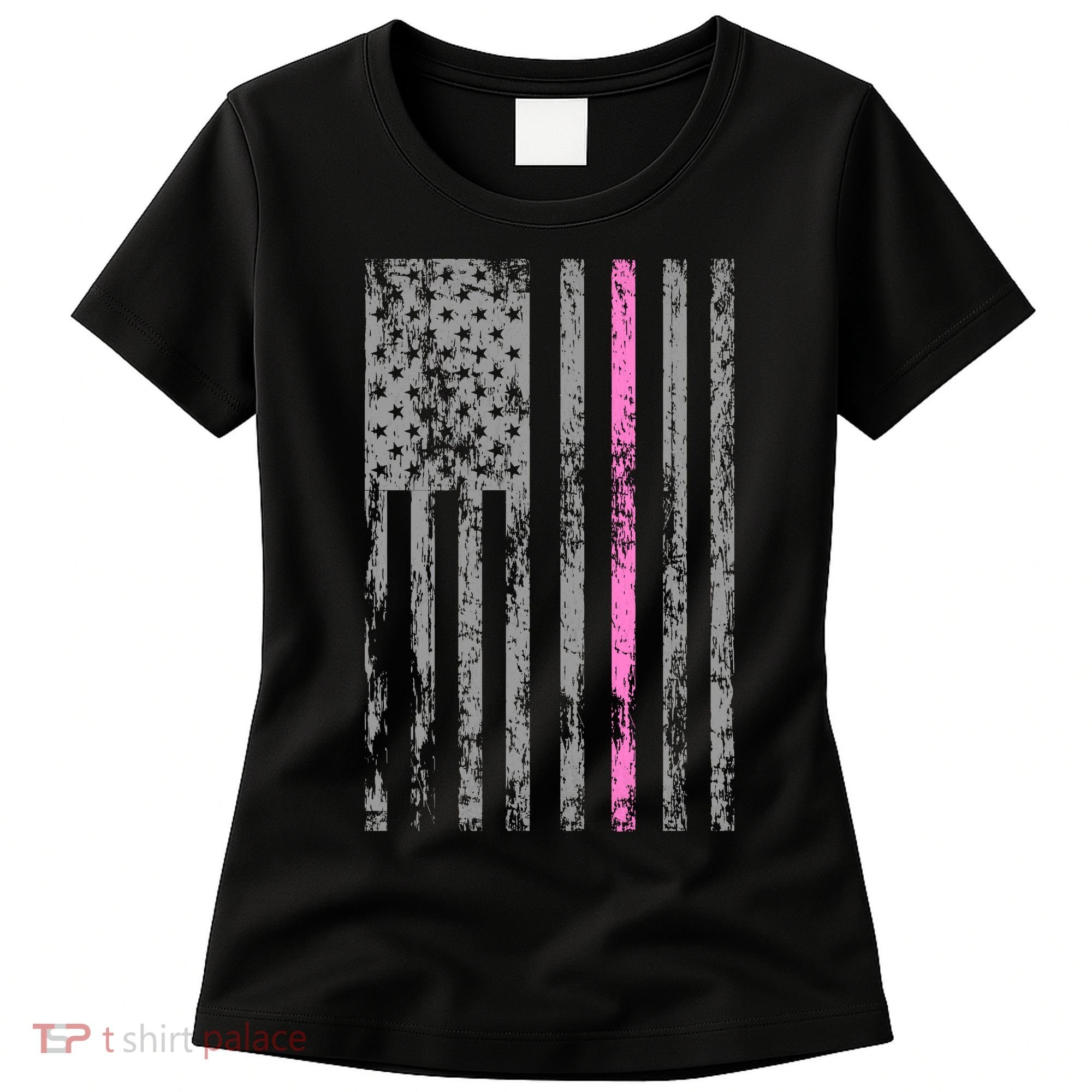 Retro Pink Thin Line Breast Cancer Awareness USA Flag Women's T-Shirt