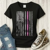 Retro Pink Thin Line Breast Cancer Awareness USA Flag Women's T-Shirt thumb 3