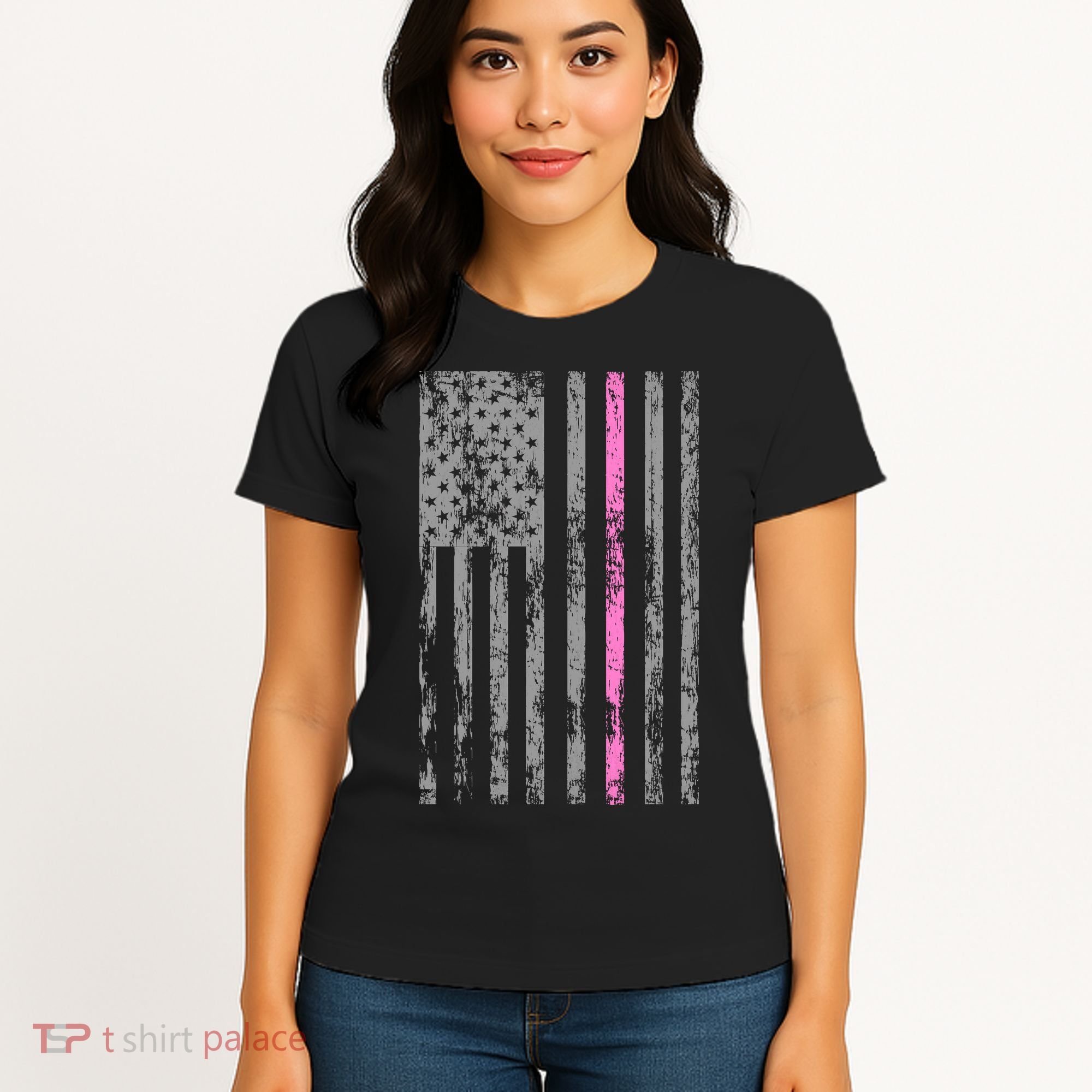 Retro Pink Thin Line Breast Cancer Awareness USA Flag Women's T-Shirt