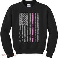 Retro Pink Thin Line Breast Cancer Awareness USA Flag Kids Sweatshirt thumb 0