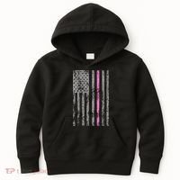 Retro Pink Thin Line Breast Cancer Awareness USA Flag Kids Hoodie thumb 0