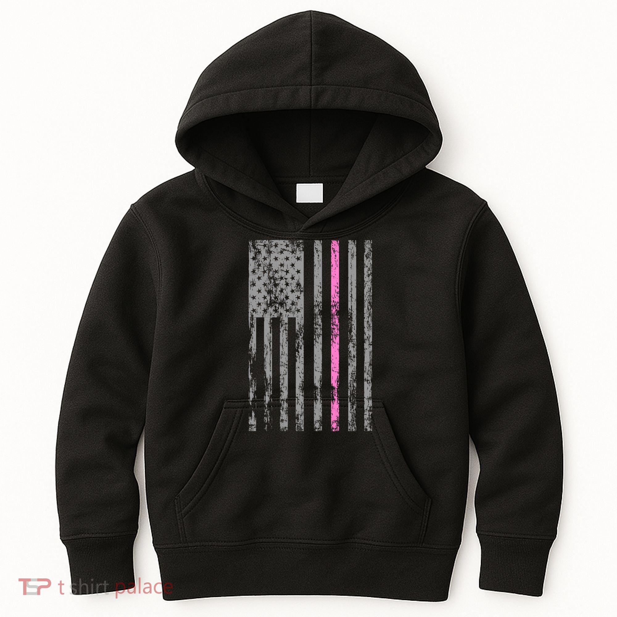 Retro Pink Thin Line Breast Cancer Awareness USA Flag Kids Hoodie