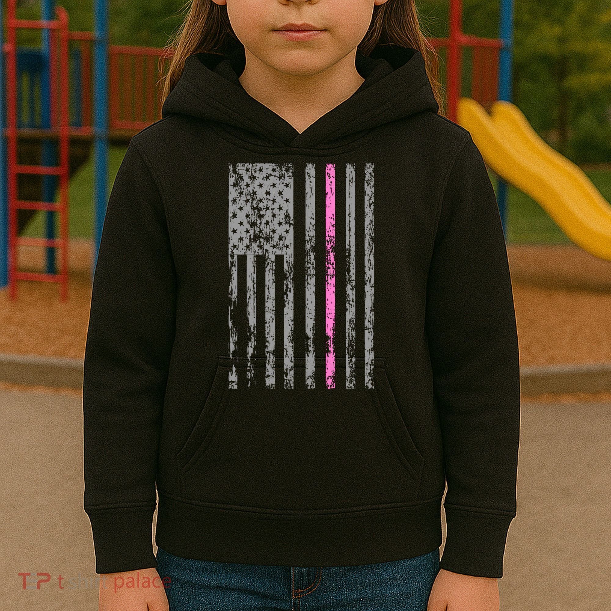 Retro Pink Thin Line Breast Cancer Awareness USA Flag Kids Hoodie