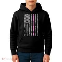 Retro Pink Thin Line Breast Cancer Awareness USA Flag Kids Hoodie thumb 4