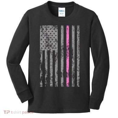 Retro Pink Thin Line Breast Cancer Awareness USA Flag Kids Long Sleeve Shirt