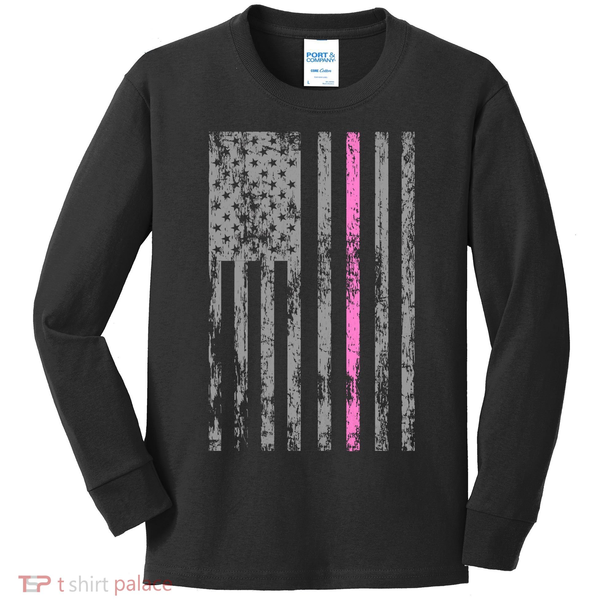 Retro Pink Thin Line Breast Cancer Awareness USA Flag Kids Long Sleeve Shirt
